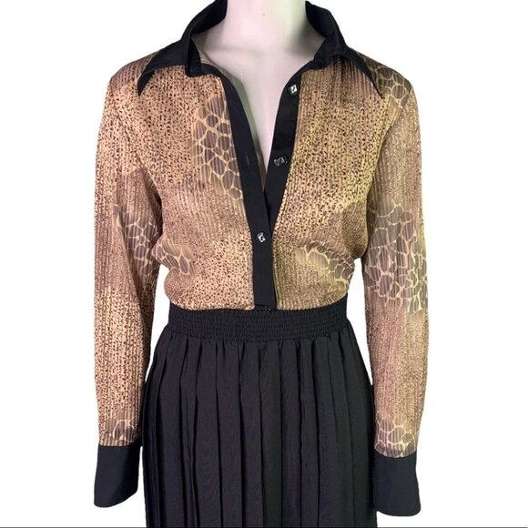 BUTTON DOWN SHIRT ANIMAL PRINT BROWN SHEER CHIFFON TOP LONG SLEEVE  BLOUSE SMALL - Picture 1 of 17